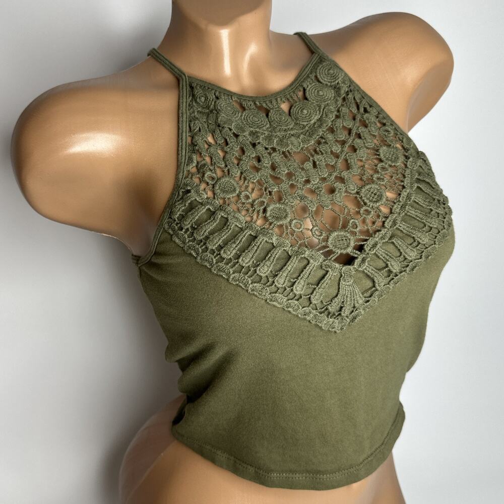 Y2K 90s Charlotte Russe Womens Olive Green Crochet Crop Top Tank Size Small